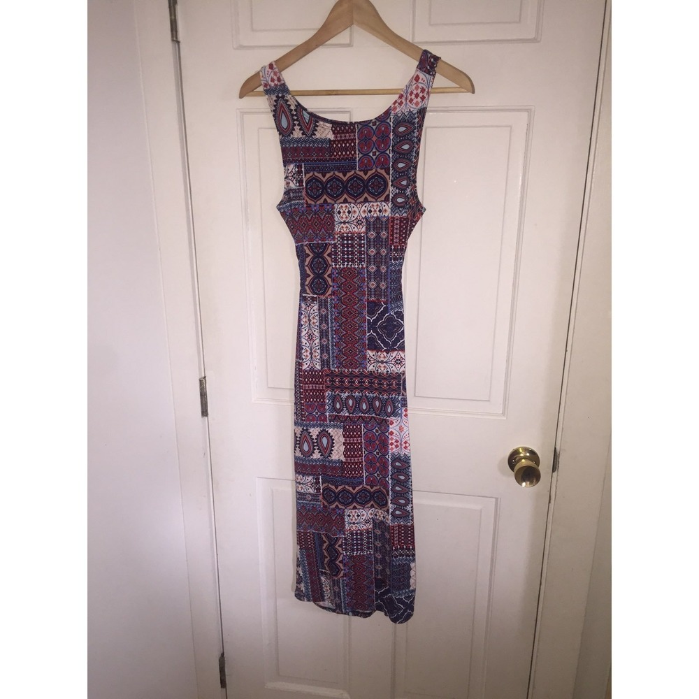 Boho Patchwork Geometric Sleeveless Back Cutout Maxi Dress Red Blue Medium